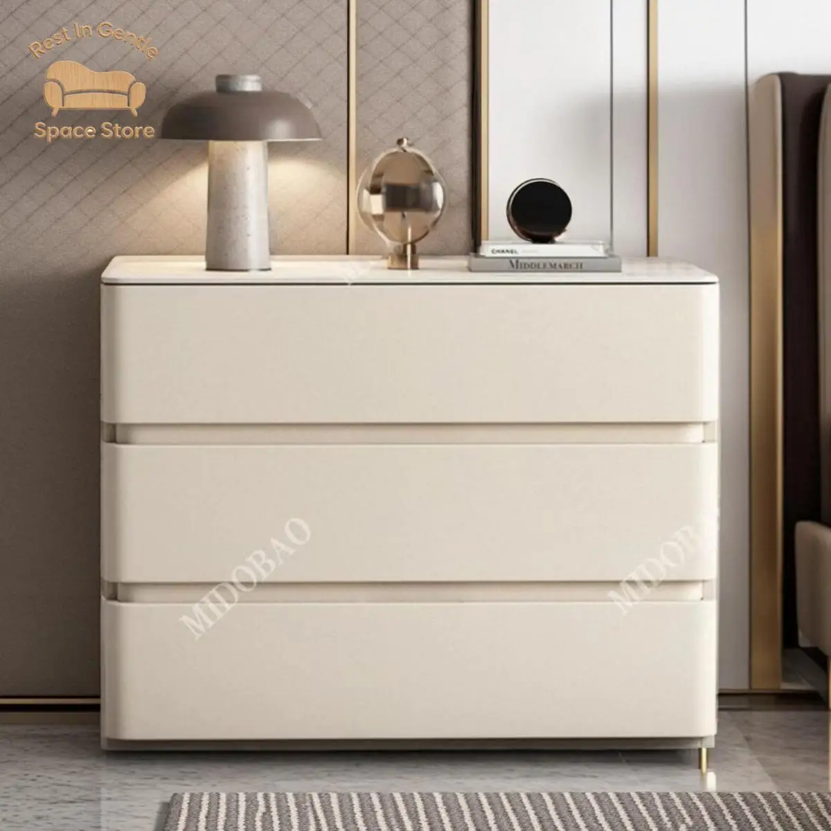 Cream wind large size rock slab leather heightened solid wood bedside table light luxury premium bedside chest bedroom locker