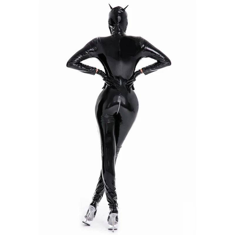 Wet Look Full Body Women Latex Catsuit Costumes+Mask+Gloves+Socks Kit Zip-Around Long Sleeve Open Crotch PVC Leather Jumpsuit