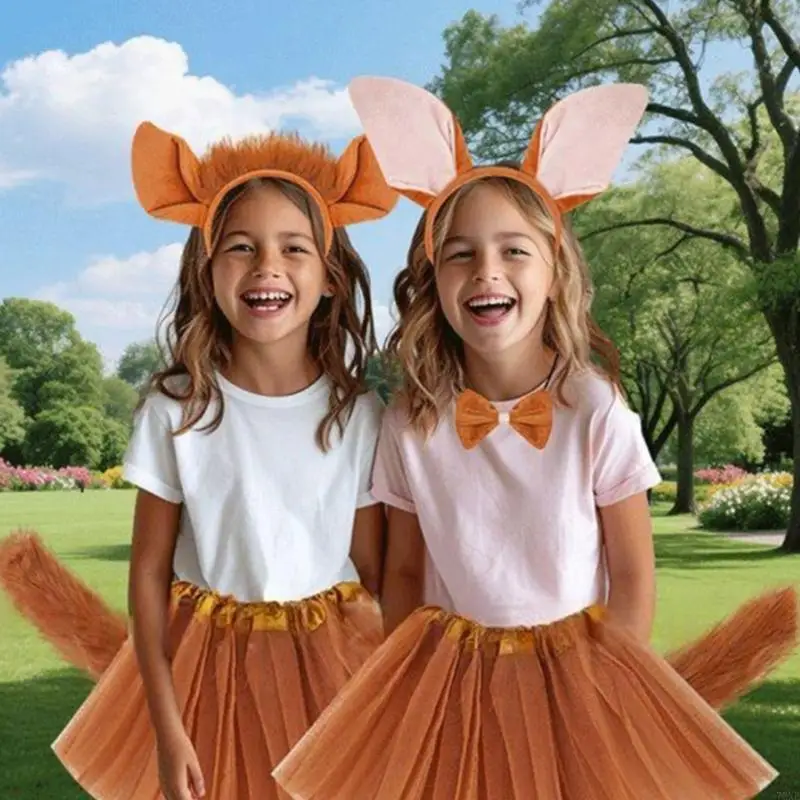 72XE Adult Kids Foxes Costumes Cosplay Foxes Ears Headband Bowtie Tail Set Halloween Animal Fancy Costume Accessories