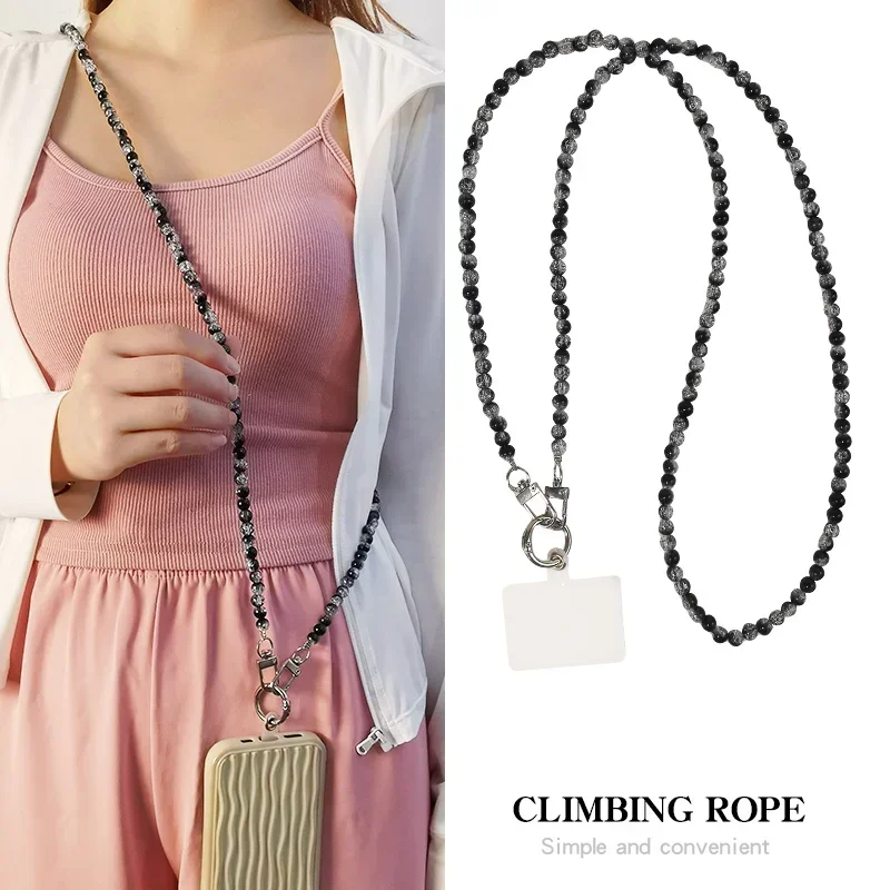 Mobile Phone Lanyard Long Crossbody Can Back Hand-beaded High-end Black Gray Round Bead Chain Diagonal Chain Rope  Iphone 15 Pro