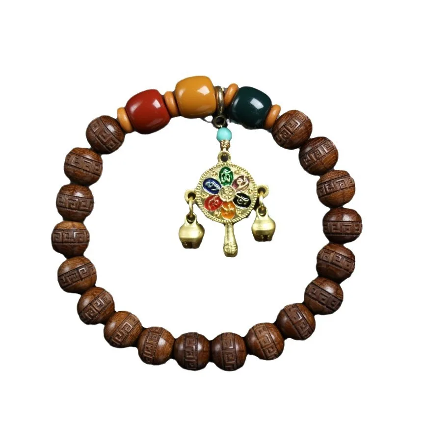 Guochao Six Paths Wood Carved Huiwen Bead Bracelet Accessory Alxa Cloisonne Ancient Method Men Women Wenwan Jewelry
