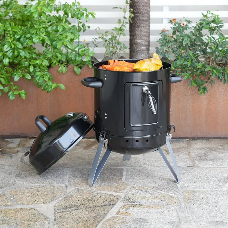 Portable Round Charcoal Smoker Grill Multifunctional Outdoor BBQ Stove for Fish Bacon Meat Smoking Roasting