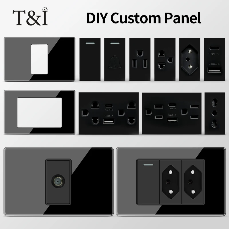 

T&I 2x4 inch Tempered Glass Wall Plate – DIY Modular Design with NEMA 5-15R Duplex Outlet and US/EU/Italy/Chile Socket Modules
