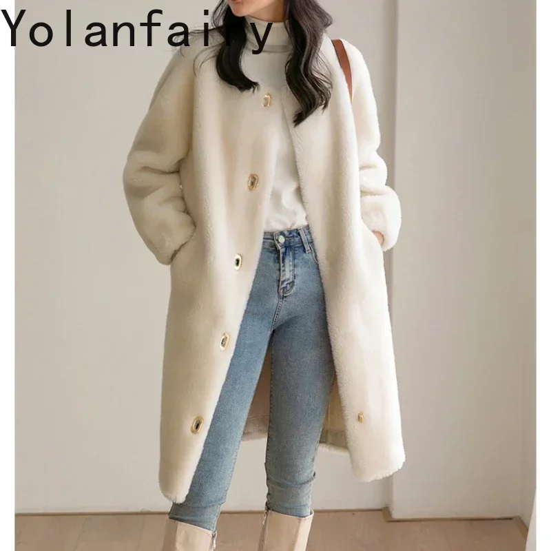 

100% Sheep Shearing Jacket Women Elegant Winter Wool Fur Jackets for Women Warm Wool Coat Oneck Long Korean Coats Abrigo Mujer S