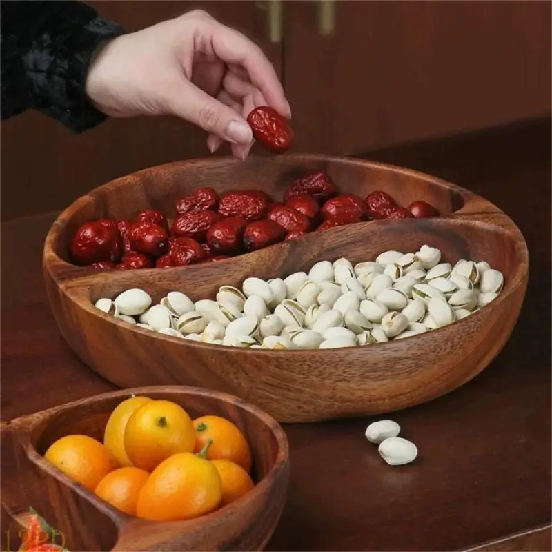 12PD Wooden Divided Serving Trays Candy Bowl Bread Round Fruit Dessert Plate Appetizer Platter Snacks Tray Easy to Clean