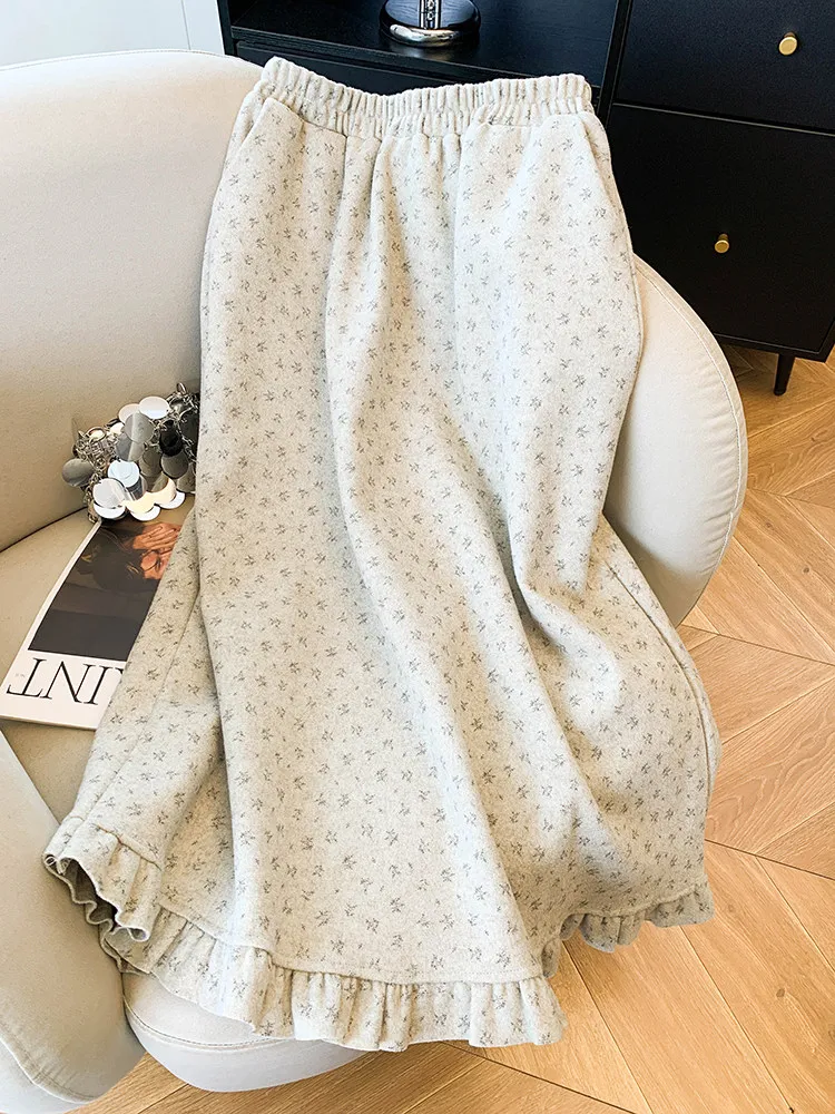 2026 Vintage Flower Print Woolen Skirt Women's Autumn Winter High Waist A-line Skirts Ladies Loose Casual Warm Skirts U593