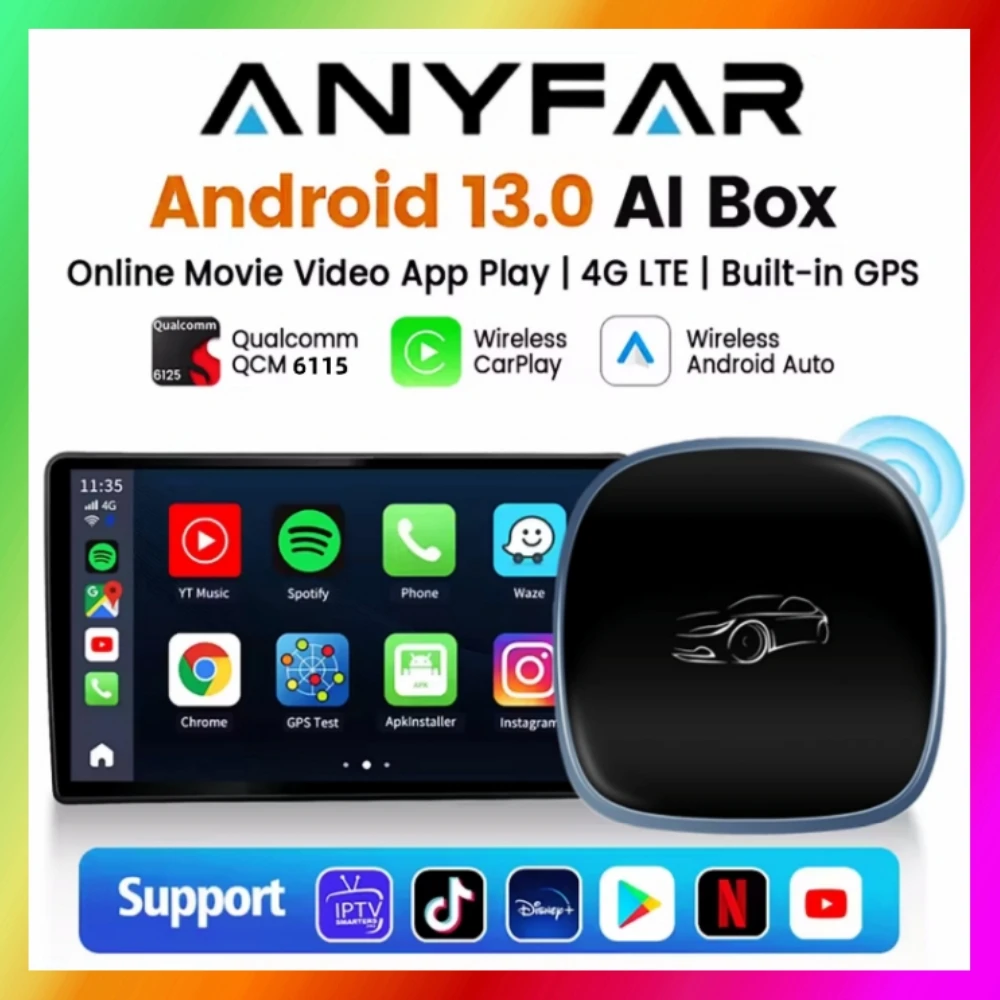 ANYFAR Android 13 CarPlay Ai Box 3in1 CarPlay Android Auto Wired to Wireless Android Qualcomm 6115 Octa-core 4G+64G Plug & Play