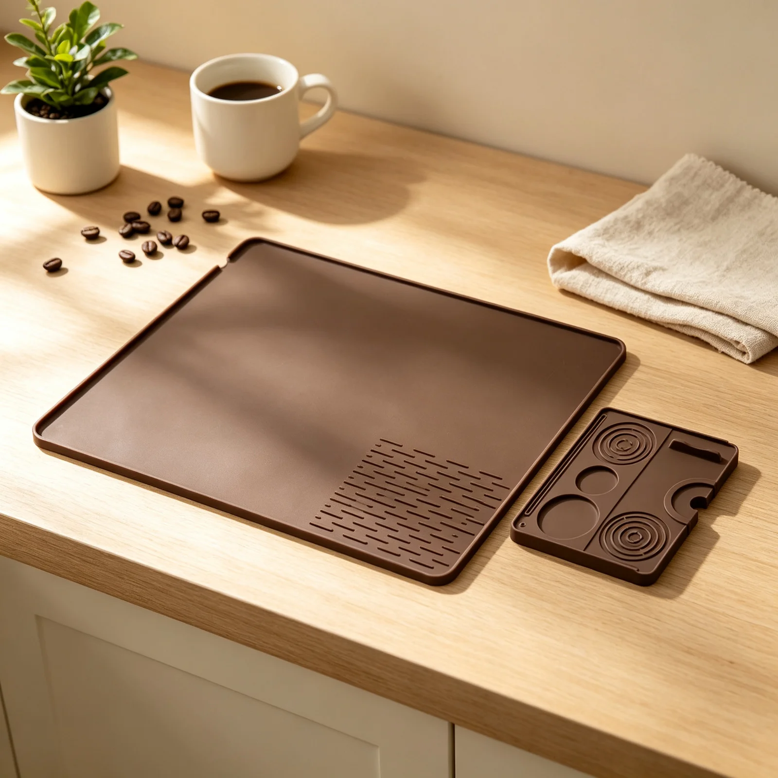 2-in-1 Silicone Espresso Mat with Tamper Station, Non-Slip Coffee Machine Countertop Pad with Drain Spout for Home Kitchen