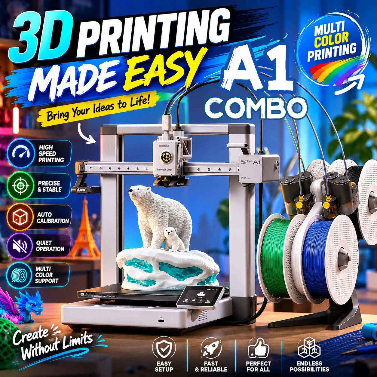 Bambu Lab A1 Combo Fully Automatic Industrial Grade High Speed Multi Color FDM PLA 3D Printer with Leveling