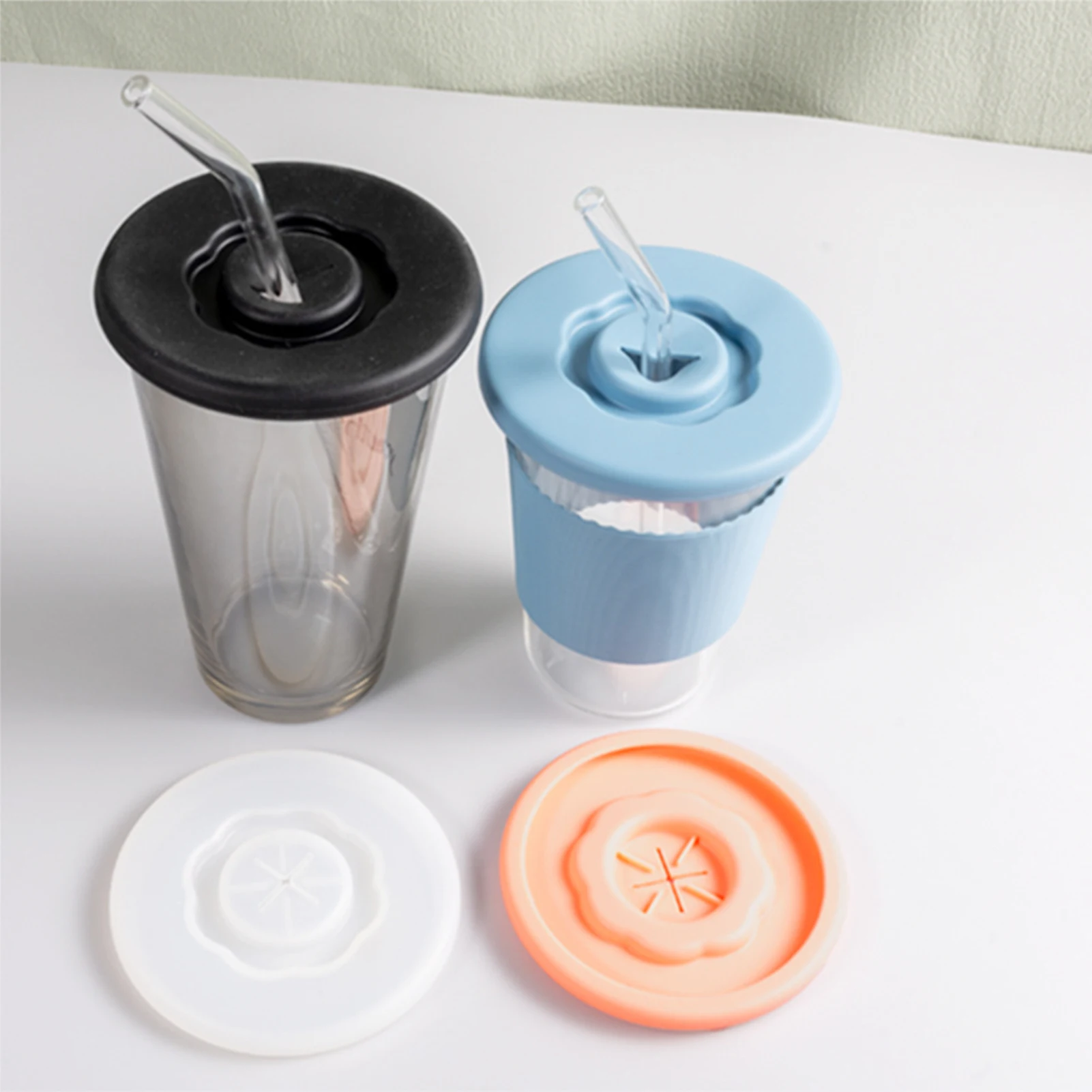 Silicone Cup Lid Glass Drink Cover Durable Heat-Resistant All-Matching with Straw Hole Bottle Accessories Flexible Washable