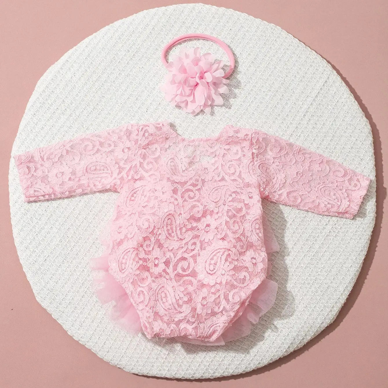 Ylsteed 2Pcs Dusty Pink Newborn Lace Romper for Photo Shooting Fluffy Mesh Lace Photography Outfits With Headband Baby Photo-HD