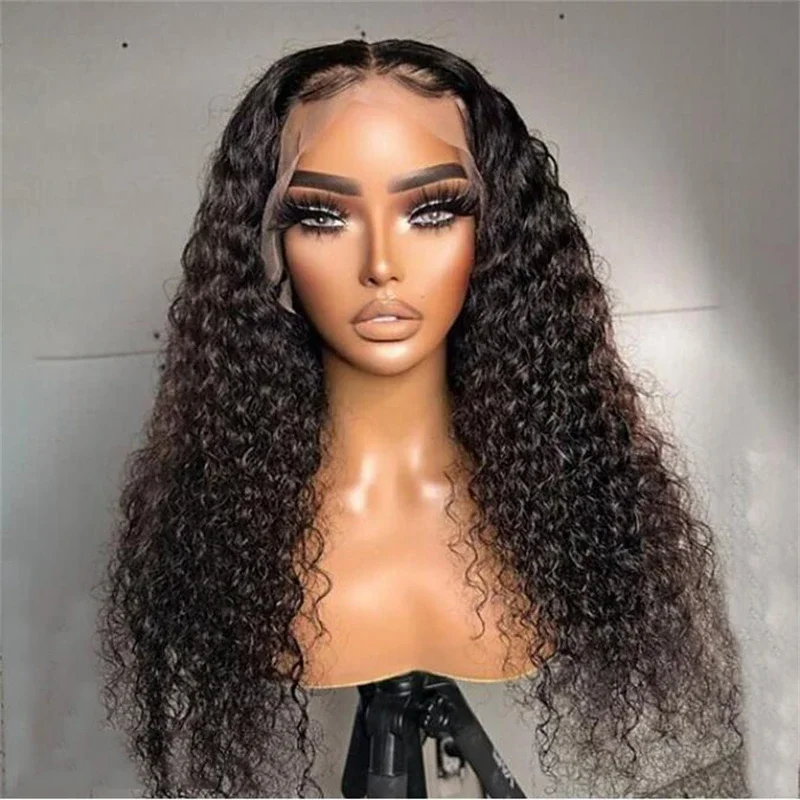 Soft 180Density Preplucked Natural Black 26Inch Kinky Curly Long Deep Lace Front Wig For Women With Baby Hair Glueless Daily