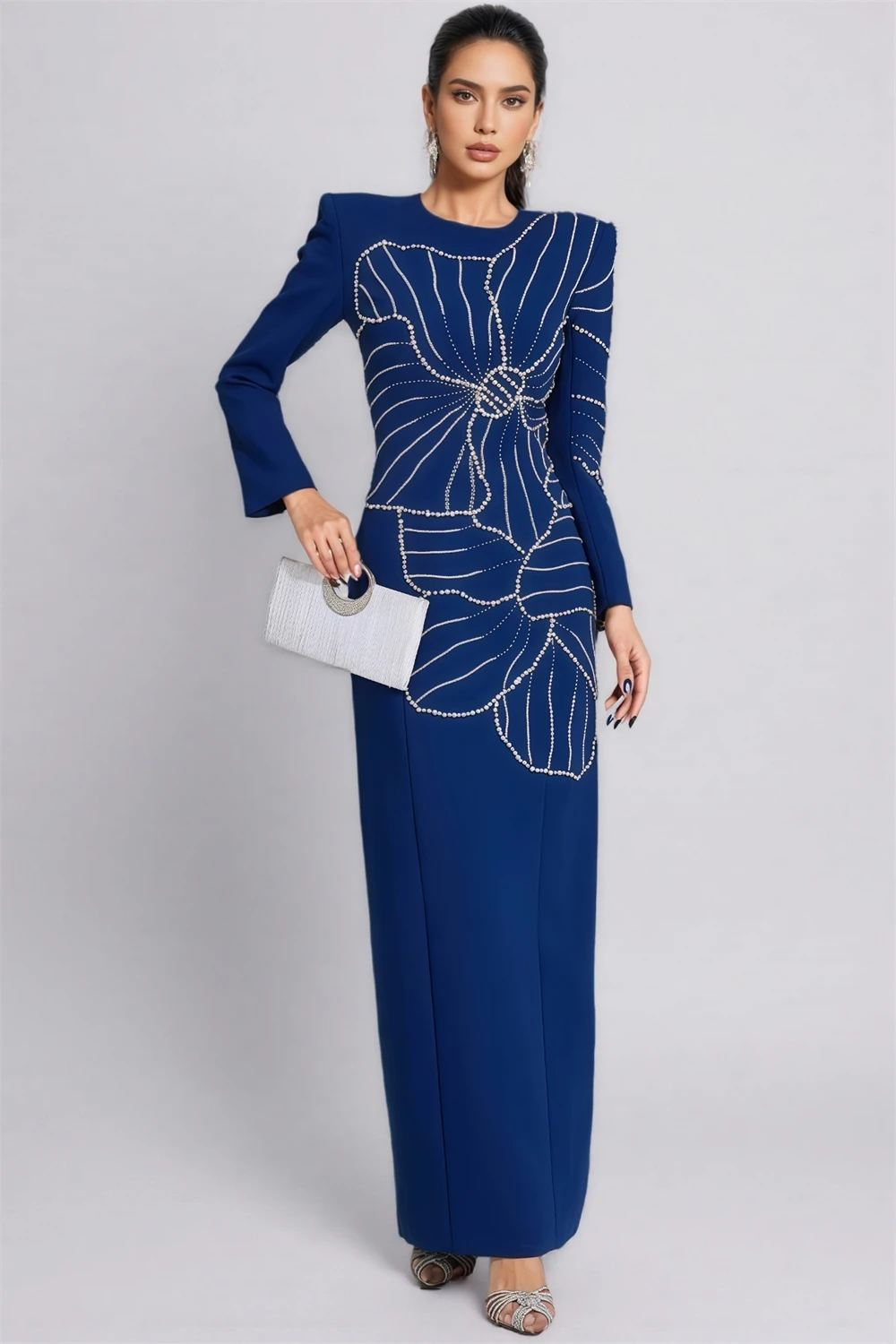 

Contessa Customized Crew Neck Long Sleeve Modest party dress Column Elegant Pearl Decoration ball gown Ankle-Length Formal Gala