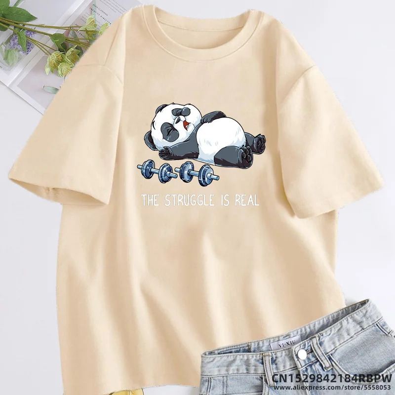 The Struggle Is Real Fitness Panda T Shirt Funny Cartoon T-shirts Summer Short Sleeve Graphic T Shirts Streetwear Women\'s Tops