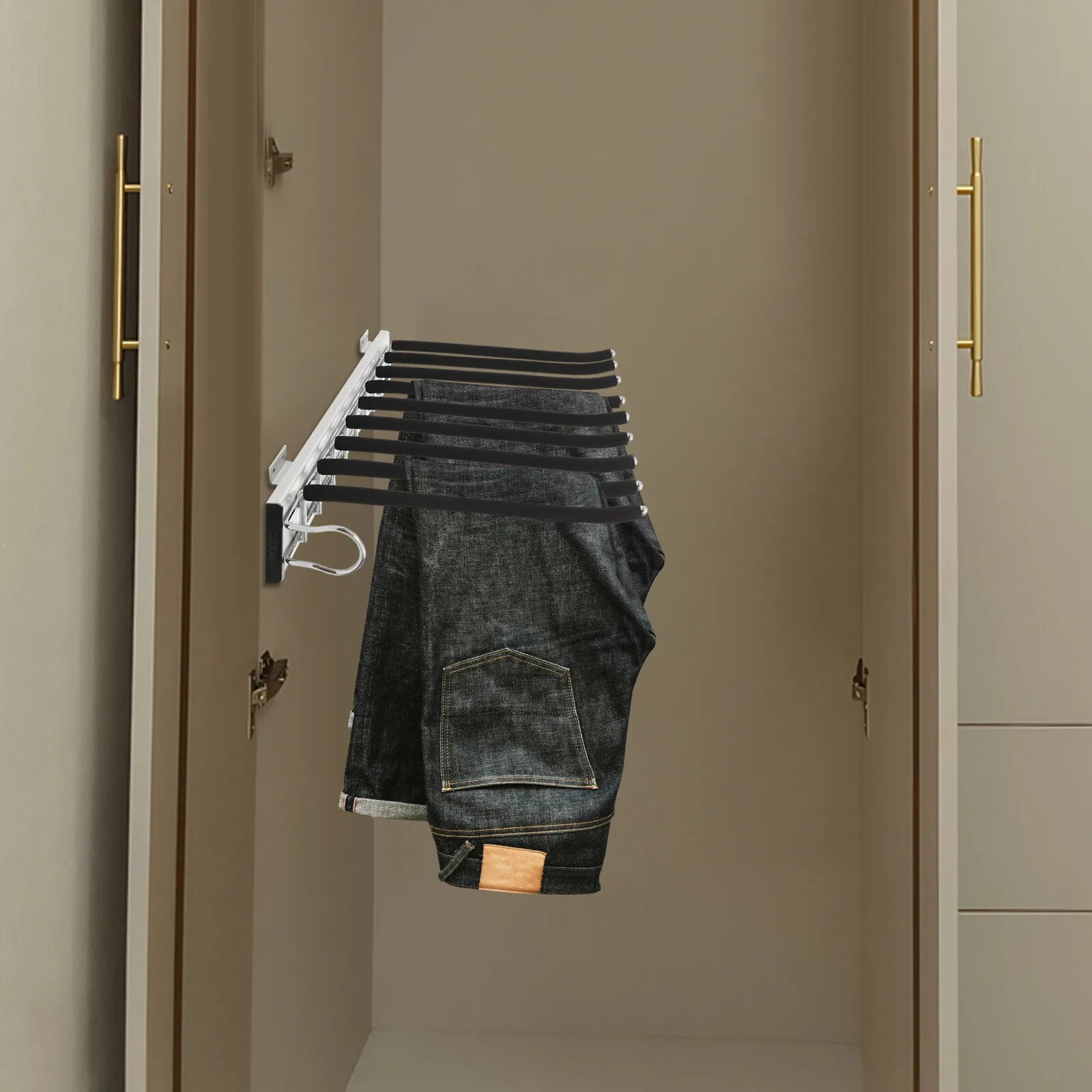Modern 9-Rod Wall-Mounted Pants Rack with Silent Slide Heavy-Duty Load Capacity Space-Saving Design for Wardrobe Organization