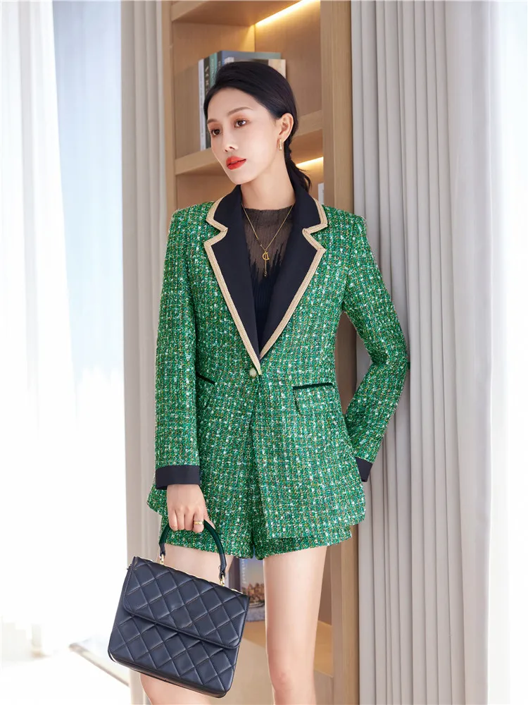 Blazer feminino emendado de lã estilo perfumado, terno de tweed, casaco pequeno, top verde, outwear elegante, senhora do escritório, outono, inverno, 2023