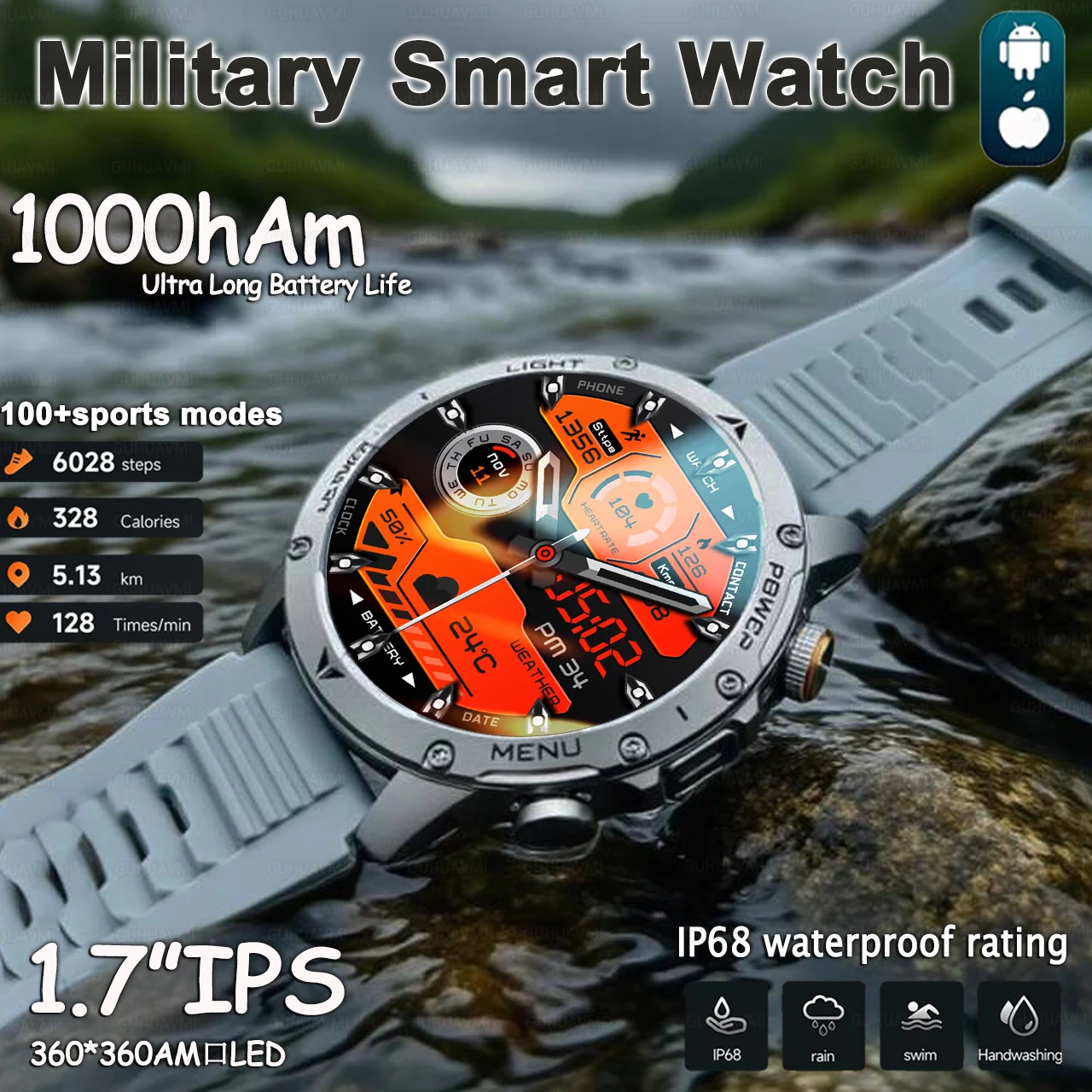 

Новые спортивные умные часы на открытом воздухе 1,7 дюйма, IP68, водонепроницаемые, HD, Bluetooth, пульсометр, умные часы, аккумулятор 1000 мАч, мужские для xiaomi