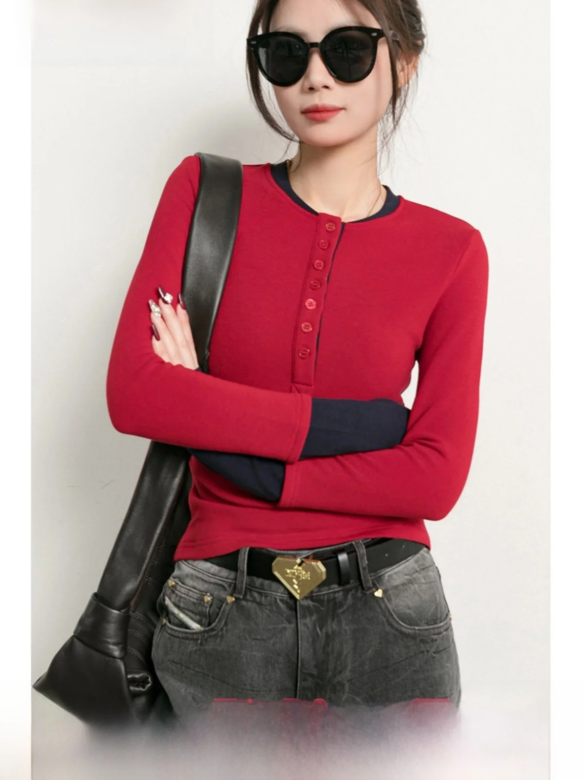 

Модная женская футболка с коротким рукавом, красного цвета, с флисовой подкладкой, приталенная, с круглым вырезом, для весны и осени