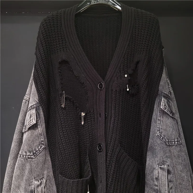 سترة نسائية فضفاضة من Tannt سترة محبوكة غير رسمية من قماش الدنيم سترة بفتحة مرقعة للبيع بالجملة دروبشيب 2025