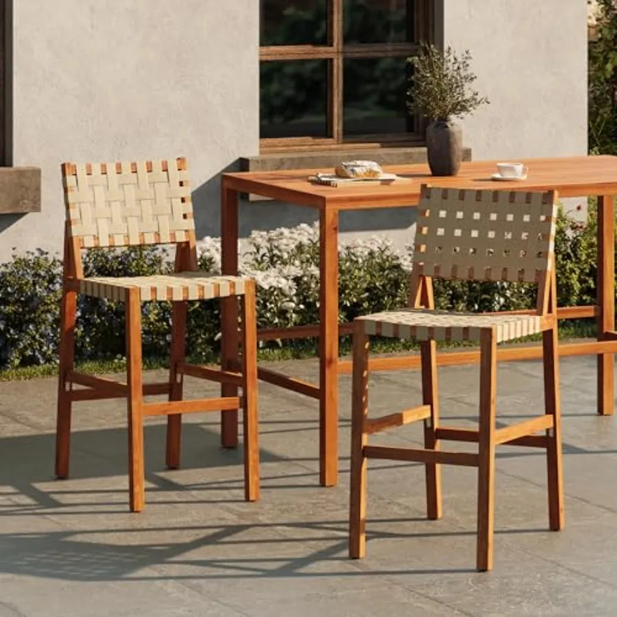 

Balew Acacia Wood Outdoor Bar Stools Set of 2, Solid Wood Barstool for Kitchen Island, Handwoven Rope Counter Stool with Footre