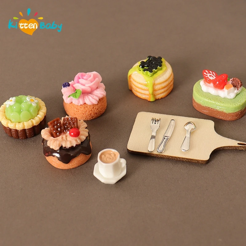 NEW 1/12 Scale Dollhouse Miniature Cheese Cake Coffee Cake Dessert Set Pretend Food Mini Cake for BJD Dolls Toys Accessories