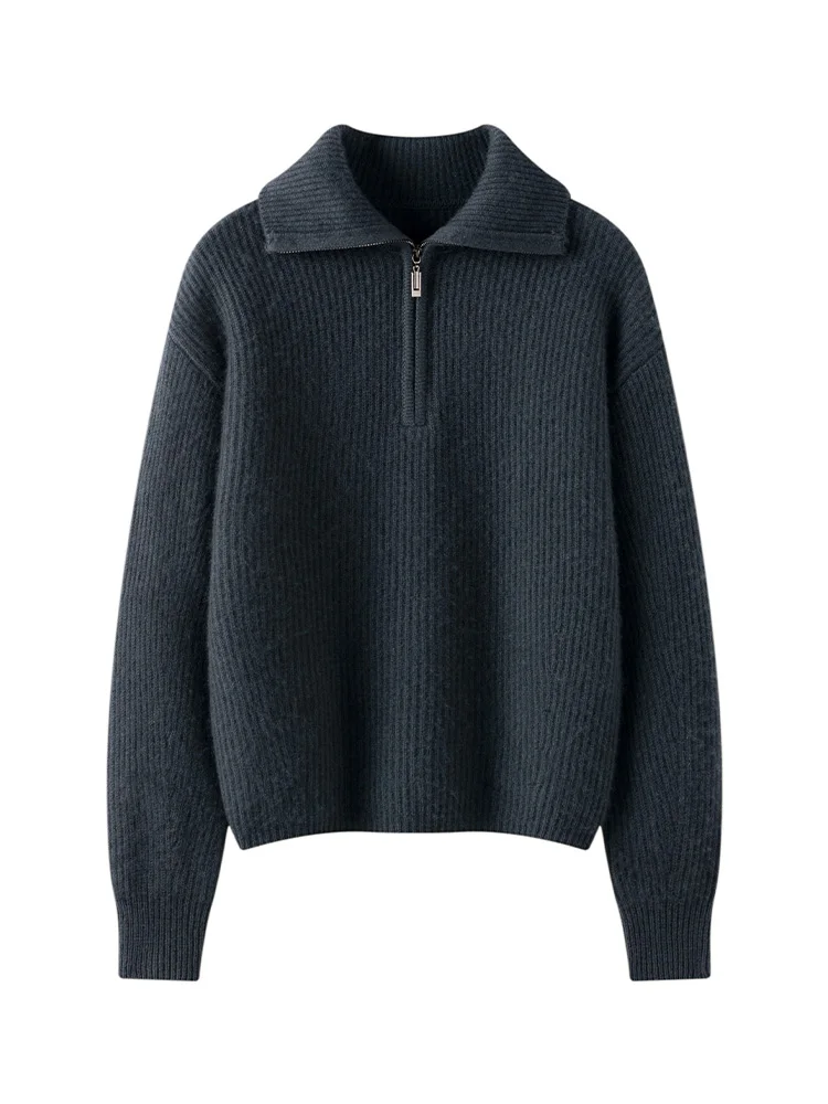 TLOML Autunno Inverno Donna 100% Maglione di Cachemire Spessa Mezza Cerniera Gira Imbottiture Collare Pullover di Alta Qualità Casual Cashmere Magliette E Camicette