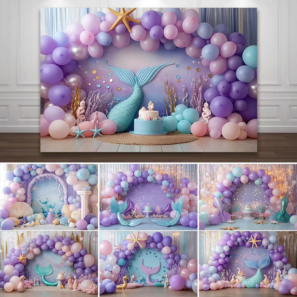 balao-de-sereia-fotografia-pano-de-fundo-concha-estrela-do-mar-hipocampo-bolo-meninas-princesa-aniversario-cha-de-bebe-foto-fundo-decoracao