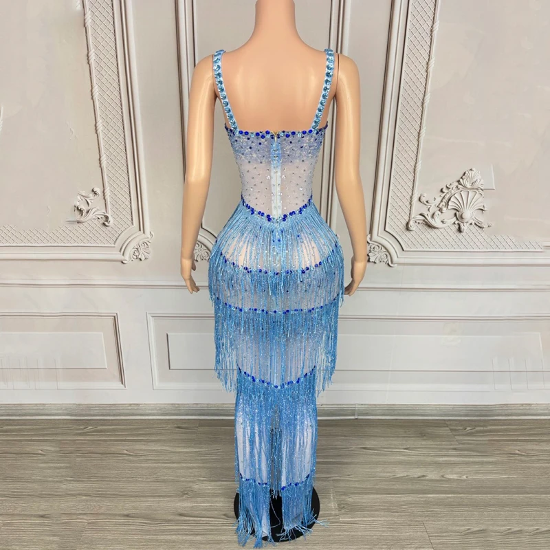 キラキラフルラインストーンフリンジドレス女性祝うイブニングドレスステージキャットウォークフェスティバル衣装社交パーティードレス XS9763