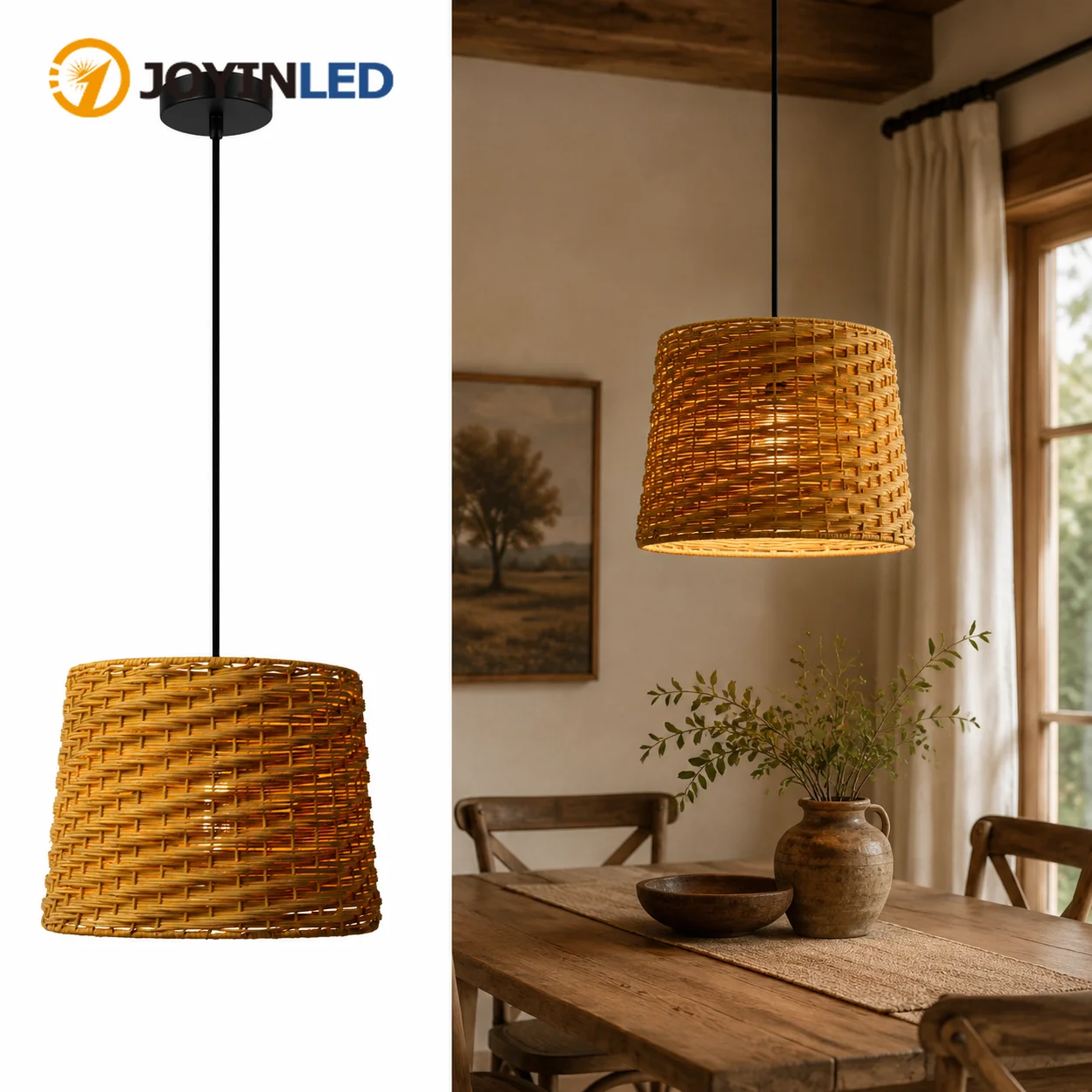 JOYINLED Rattan Pendant Light Bamboo Chandelier Handwoven Wicker Hanging Lamp for Dining Room Kitchen Island Living Room Bedroom