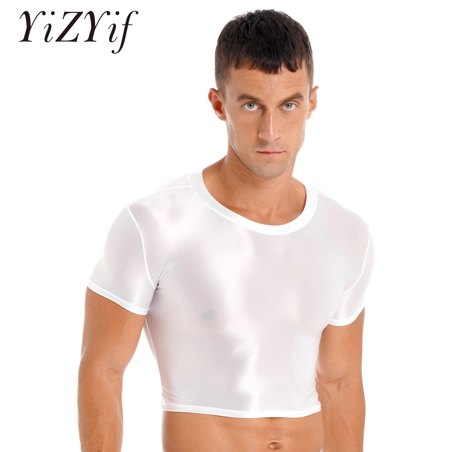 Mens Glossy Crop Top Short Sleeve Oil Shiny Slim Fit Sports Fitness T-shirt Tee Workout Cheer Booty Dance Tops Swimwear Clubwear