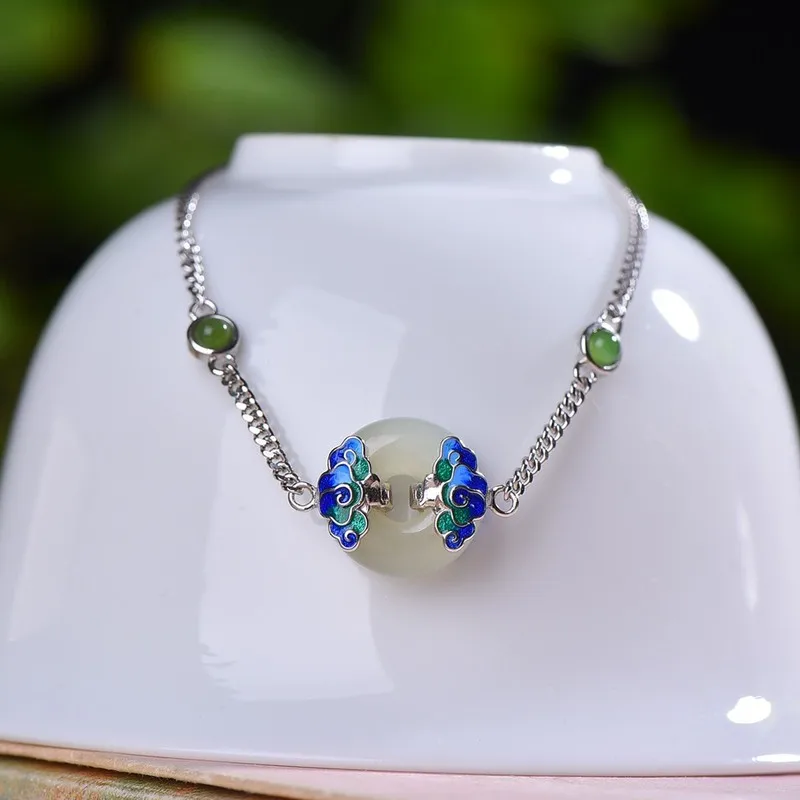 S925 Silver Inlaid With Hetian Jade Peace Ring, White And Green Enamel Auspicious Cloud Bracelet, New Model