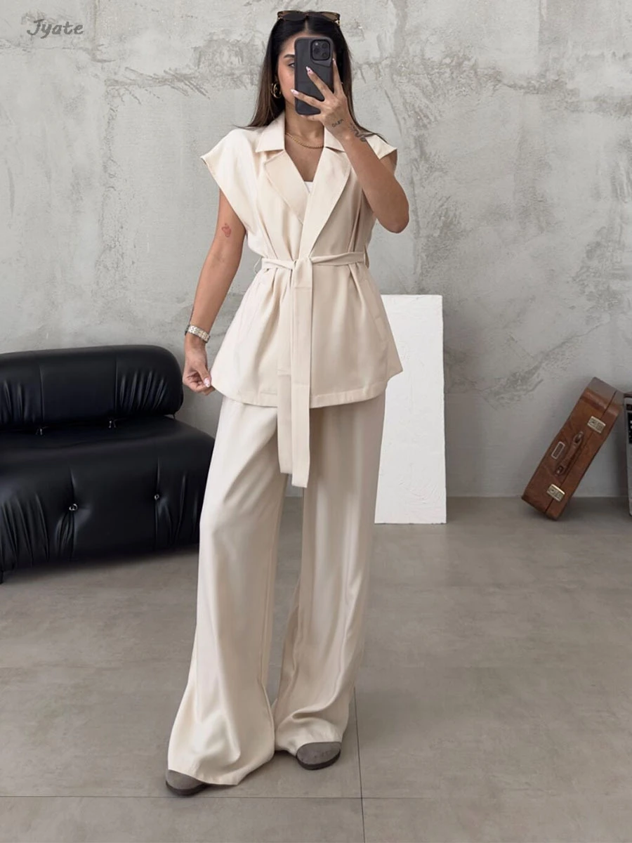 

Lapel Belted Tank Top And Wide Leg Pant Two Piece Set Fashion Summer Vest And Loose Long Trouser Office Lady Women Sets 2024