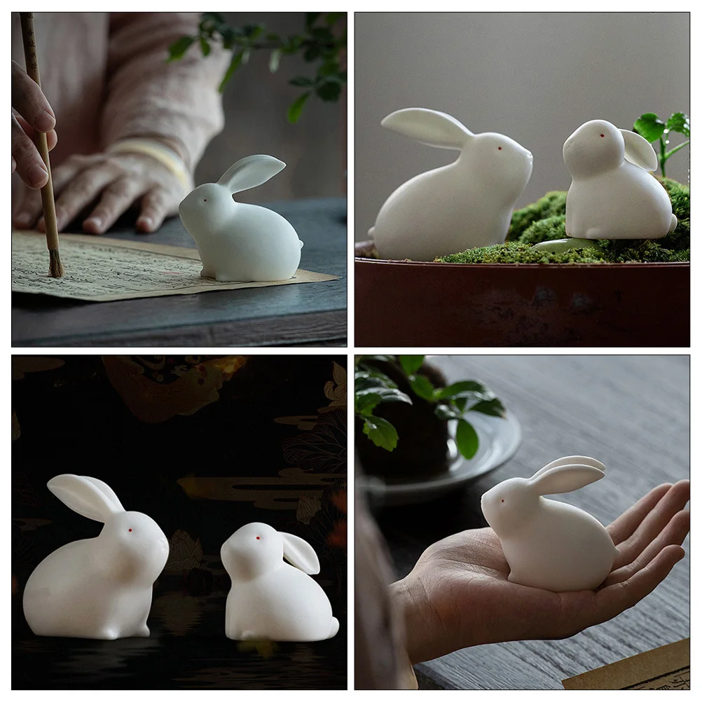 

2 Pcs Ceramic Bunny Couple Figurines Christmas Decor Tabletop Rabbit Statue Mini Porcelain Decoration