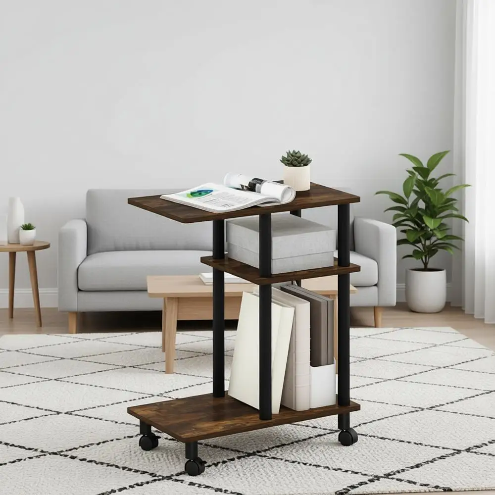 

C Shaped Side Table with Casters, Amber Pine/Black