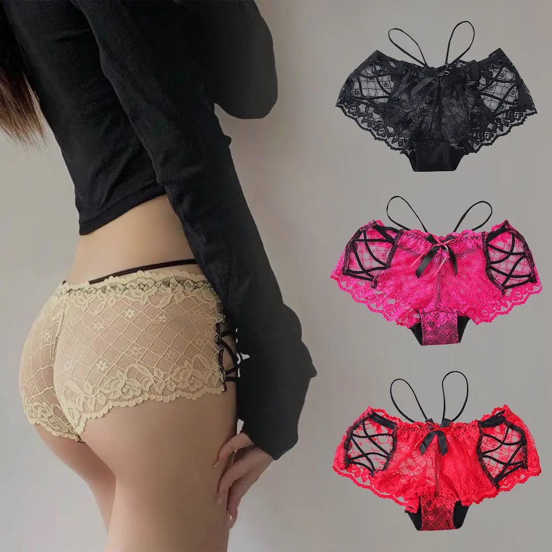 

Bow Knot Cross Tie Perspective Jacquard Panties Women's Charming Hollow Lace Hip Raise Mid-waist Women's Briefs Sexy Lingerie