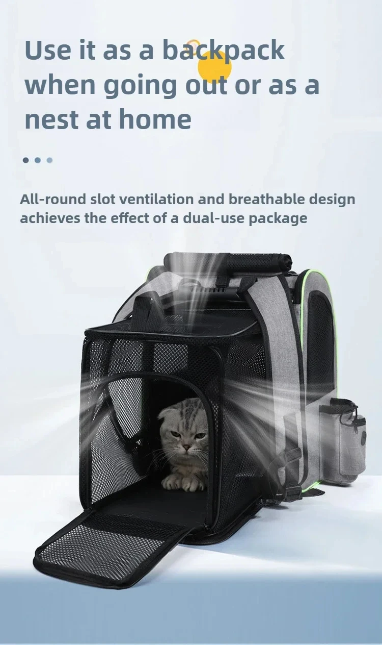 Katzen- und Hunderucksack, erweiterbar, groß, tragbar, atmungsaktiv, mit Vorderöffnung, Netzfenster und Taschen – Detail 1