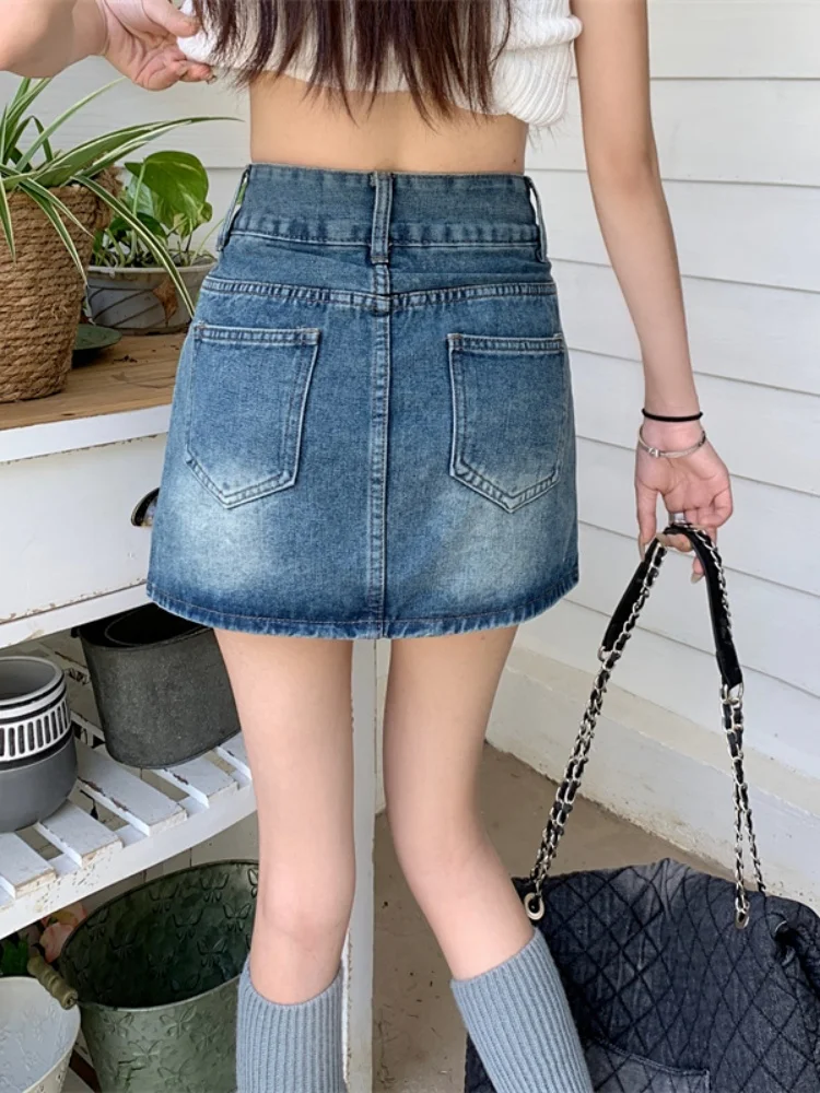 Retro Denim Mini Spódniczka Damska 2025 Nowa Letnia Hot Girl Wąska Spódniczka z Wysokim Stanem