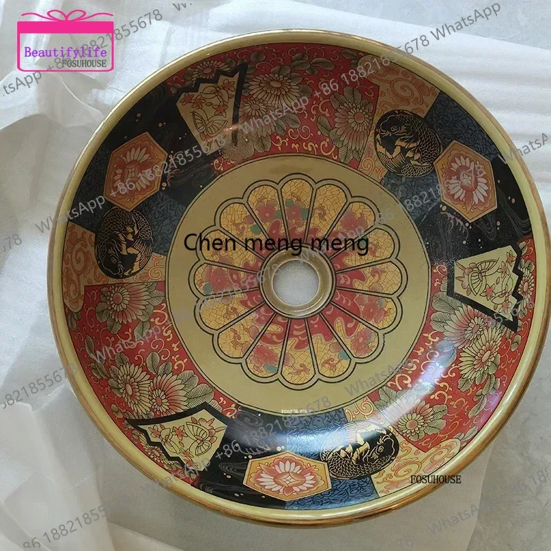 

YL American Art Bathroom Sinks Balcony Toilet Creative Hand Painted Basin Retro Home Round Single Basin European Ceramic Wash Ba