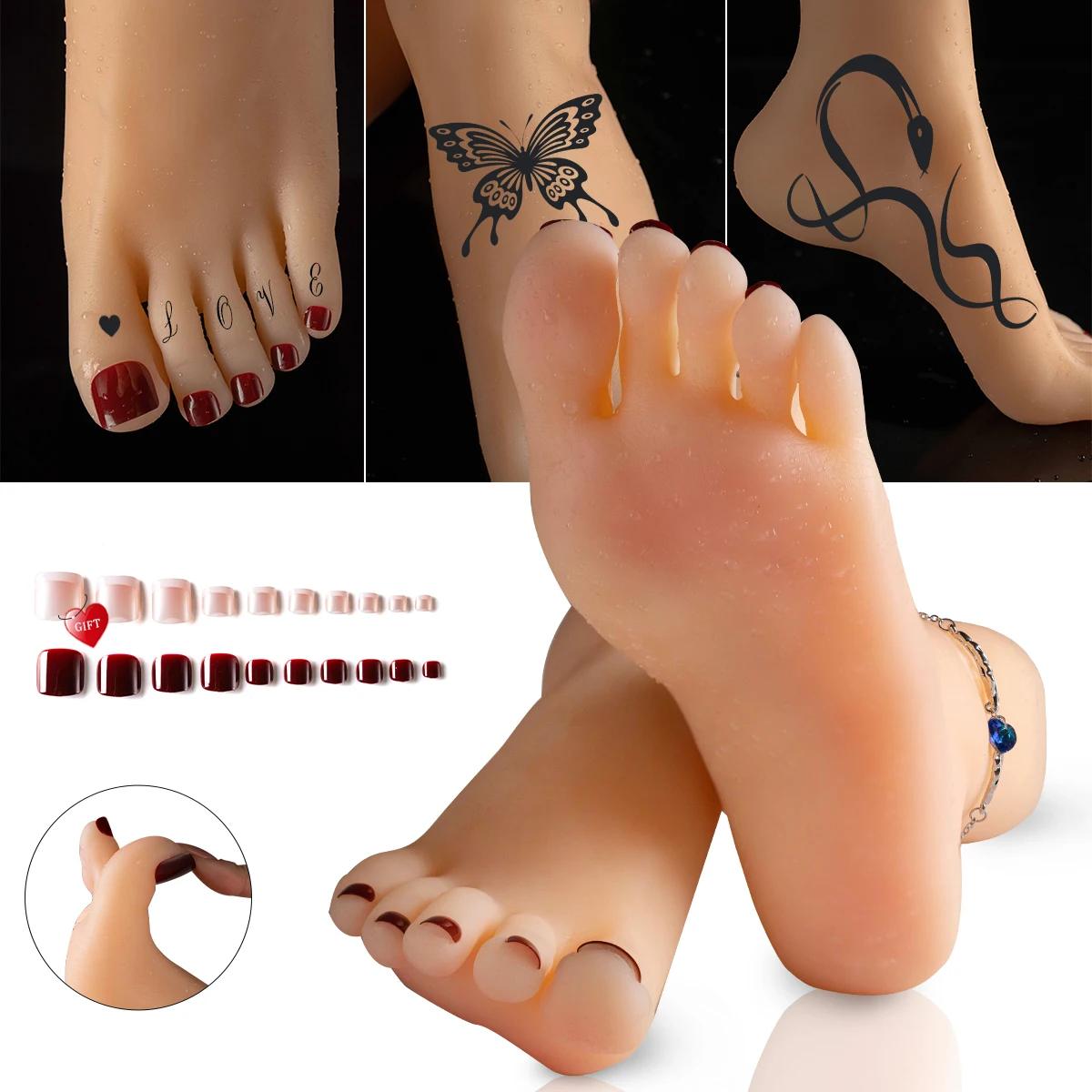 Tattoo Foot Model Skin Makeup Practice Nail Practice Silicone Foot Model Mannequin Jewelry Shoes and Socks Display Shooting Prop