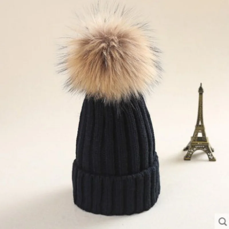 Autumn and Winter New Knitted Hat Women\'s Korean Raccoon Fox Big Fur Ball Woolen Cap Parent-Child Sleeve Cap Wholesale