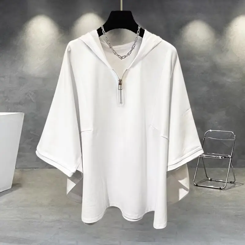 Men Summer Japanese Style Half Zip Batwing Short Sleeve Hooded T-Shirt, Loose Trendy Handsome Versatile Casual Top