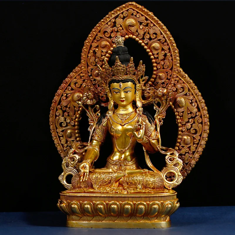 10inch Tibetan-style fully gilded white Tara carved Buddha statue with backlight for home worship in the Buddhist hall, bronze s