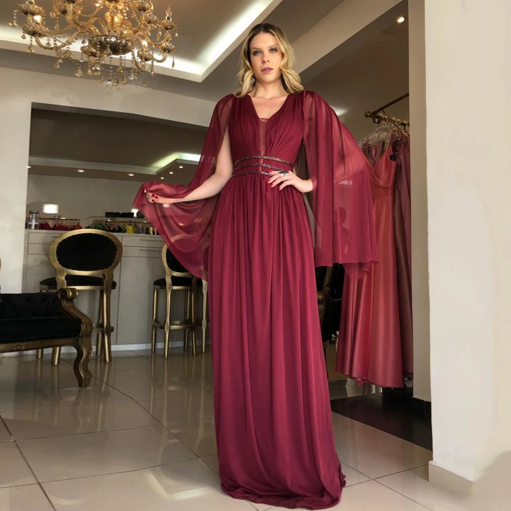 

Classic Empire Evening Dresses Full Sleeves Backless V-Neck Party Dress Chiffon A-Line Sweep Train فساتين مناسبة حسب الطلب