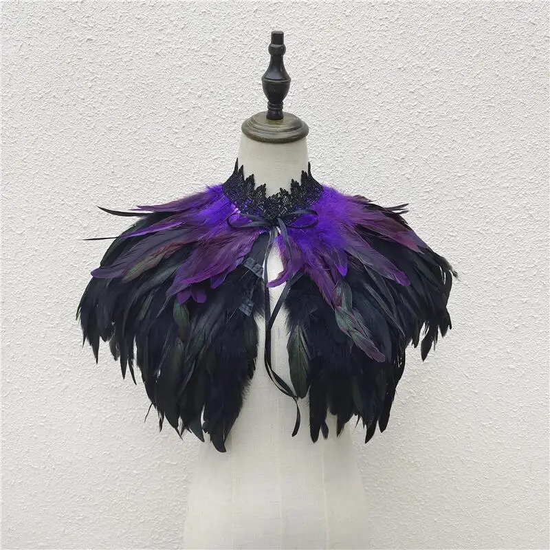 Gothic Feather Shawl for Women Mens Feathers Neck Collar Crow Costume Maleficent Witch Cosplay Cape Rave Punk Feathers Shoulder