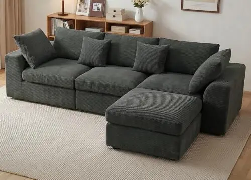 110'' Cloud Couch, L-Shaped Boneless Couch, Dark Grey | 3-Seat Sectional Couches for Living Room, Modular Sofa with