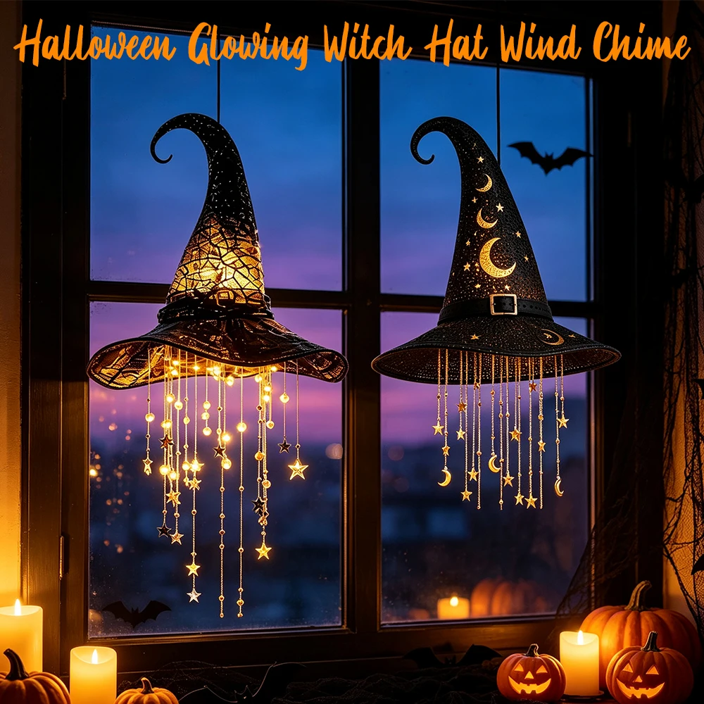 Glowing Witch Magic Hat Wind Chime Pendant Halloween Light Up Hanging Decor Home Decoration for Bedroom Festival Party Gifts