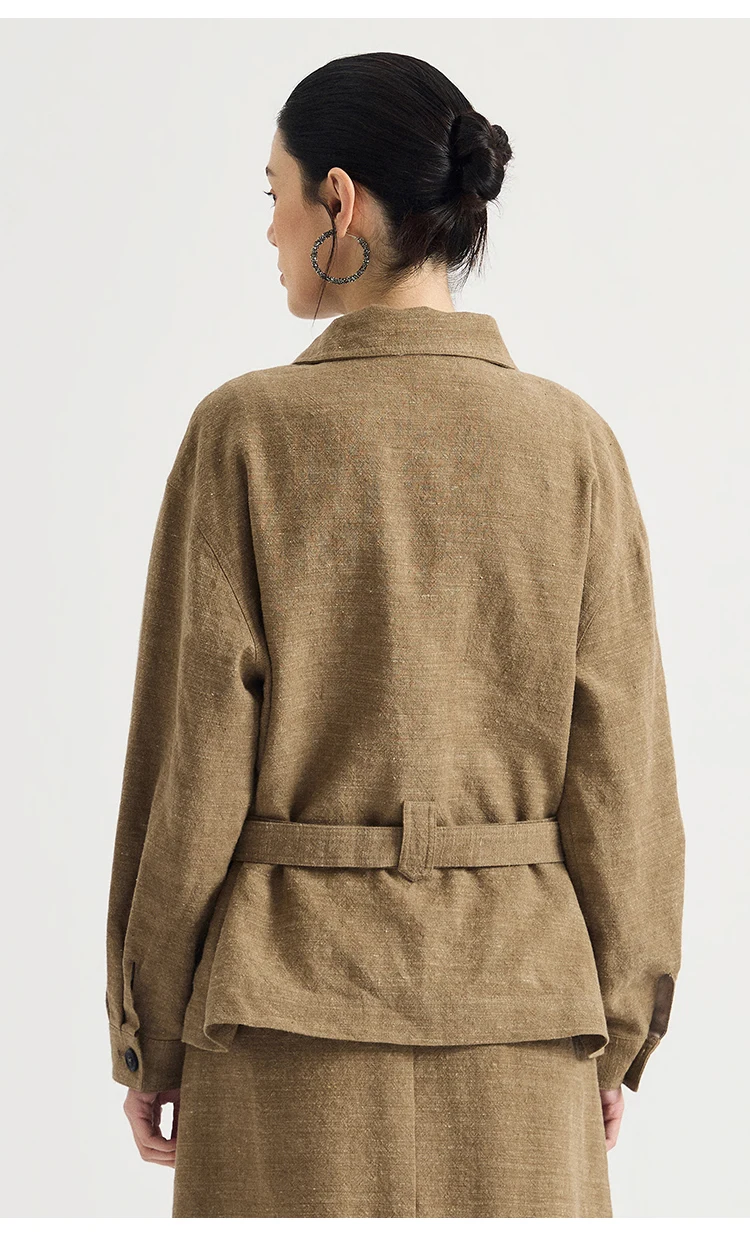 KT9623941 Damen Leinen-Woll-Mischgewebe Gürtel-Crop-Jacke, Oversized, Revers, aufgesetzte Taschen, Taillengürtel, Old Money, Frühherbst – Detail 7