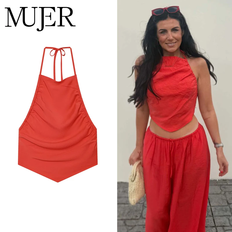MUJER Rotes Halter Crop Top Damen Sexy Gerafftes Rückenfreies Oberteil für Frauen Sommer Camisole Strand Damen Tops Schulterfreies Top Weiblich