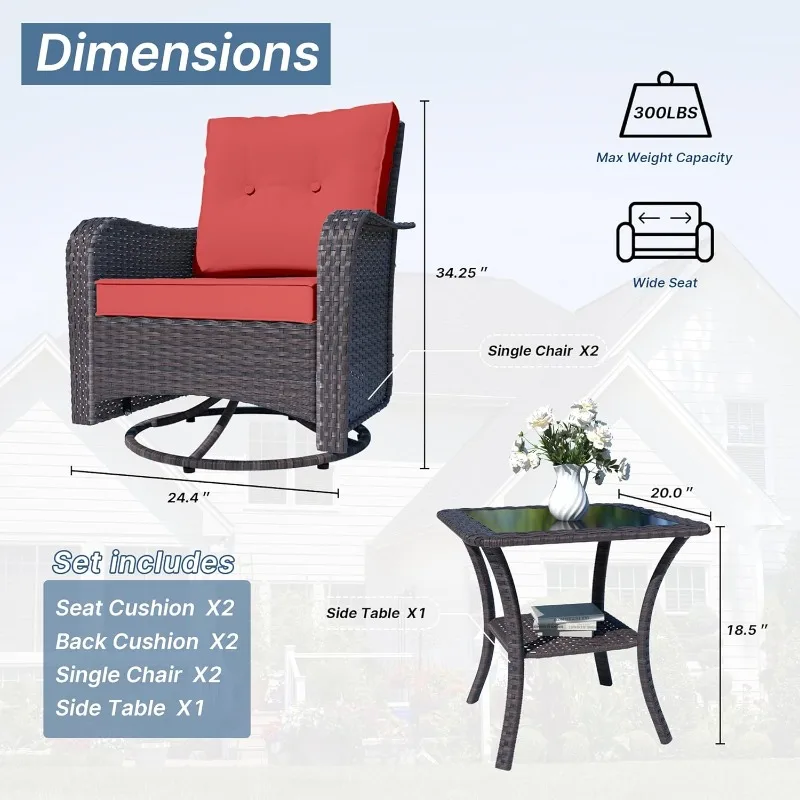 Outdoor Spin Glider Rocking Chair, Wicker Courtyard Bistro Set, tempered glass side table and thickened cushion (red)
