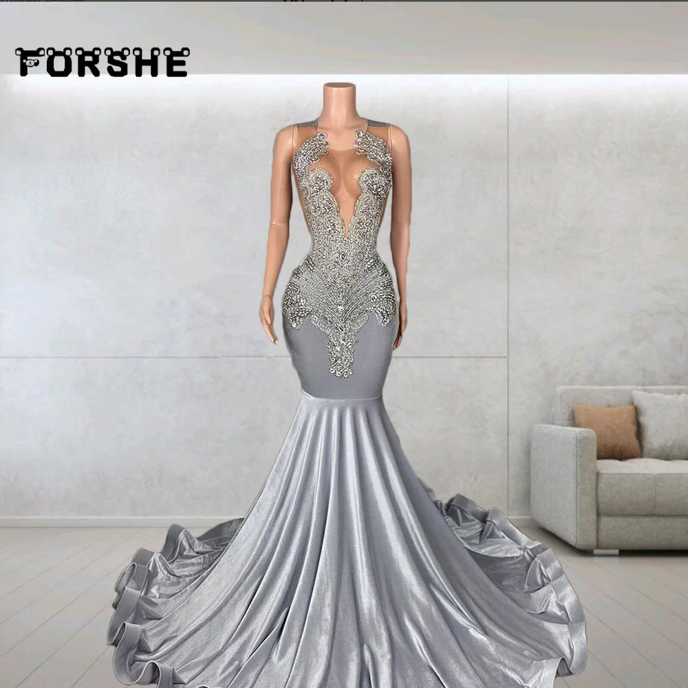 Luxury Silver Diamond Prom Dress For Black Girls Sheer Neck Customized Mermaid Party Dresses Girl Birthday Gown Robe De Soirre